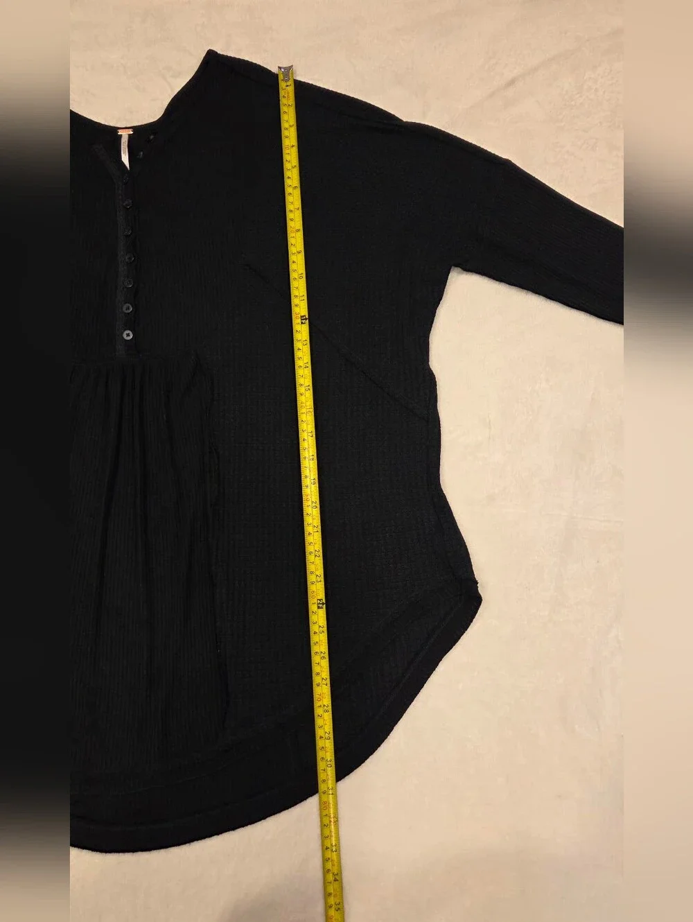 FREE PEOPLE Waffle Knit Henley Tunic Top - Black, Size L.